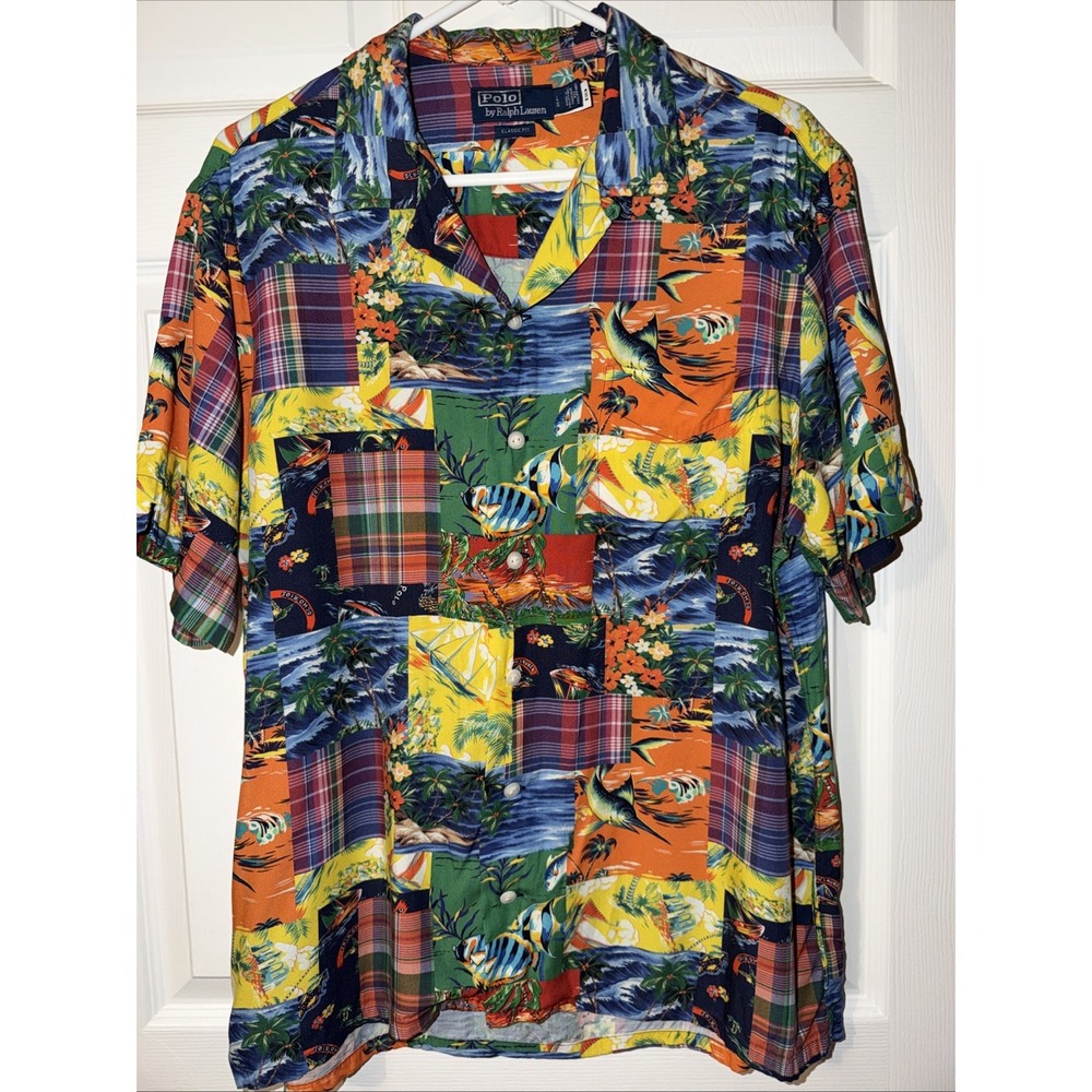 Polo Ralph Lauren Woven Camp Shirt Mens L Classic Fit Madras Hawaiian Patchwork